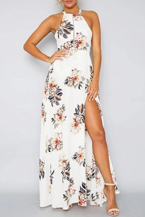 Bohemian Floral Print Summer Maxi Dress Off Shoulder Women Beach Long Backless Sexy Split Party Dresses White / M Bohemian Floral Print Summer Maxi Dress Off Shoulder Women Beach Long Backless Sexy Split Party Dresses White / M